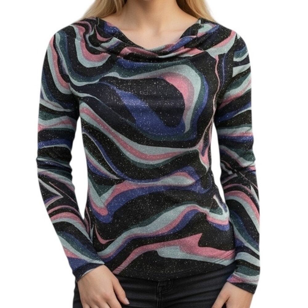 Rhapsody Vintage Shimmer Long Sleeve Marble Print Bouse Size Medium